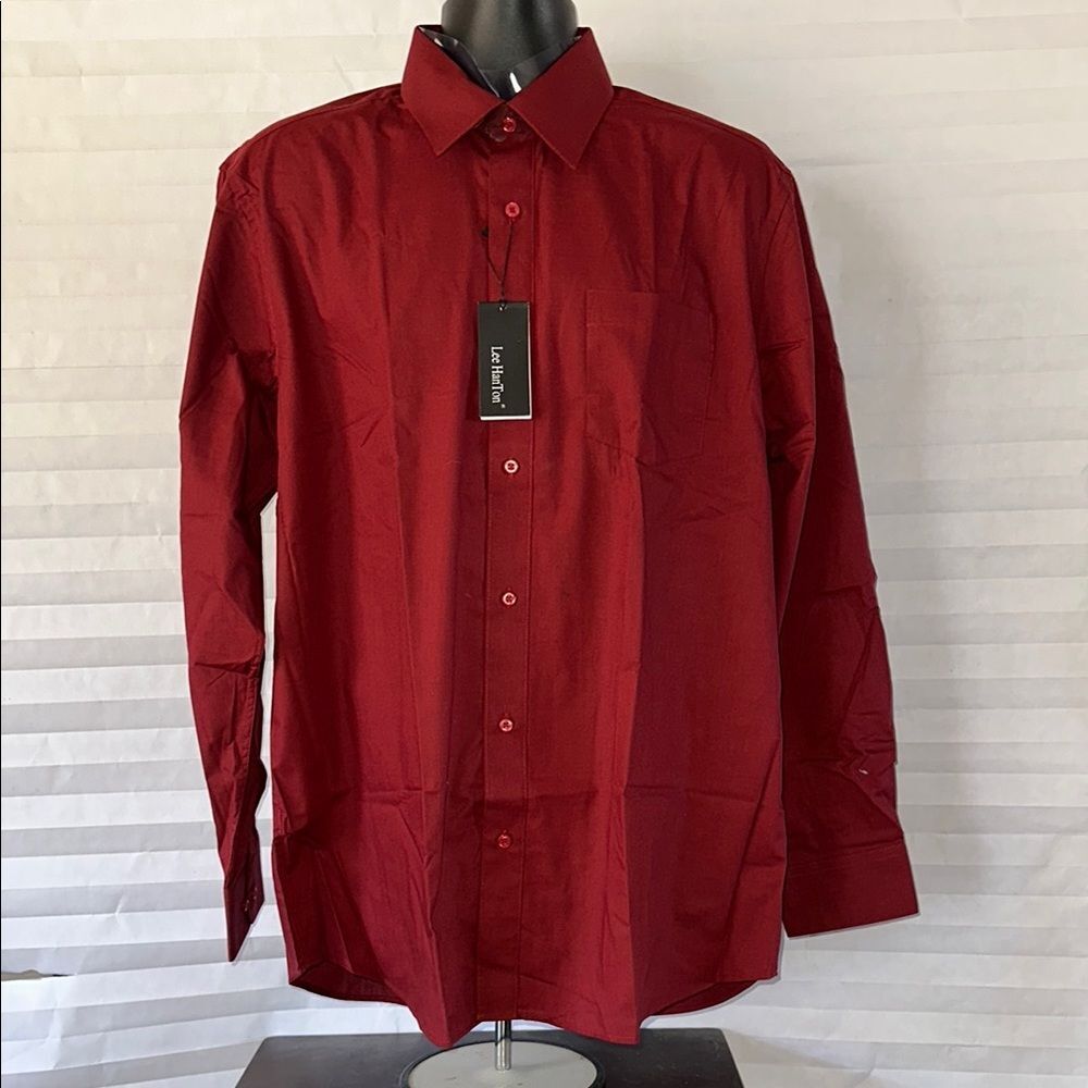 Lee Hon Ton Men's Burgundy Dress Shirt Size 36-37 Long Sleeve Button-Up Classic